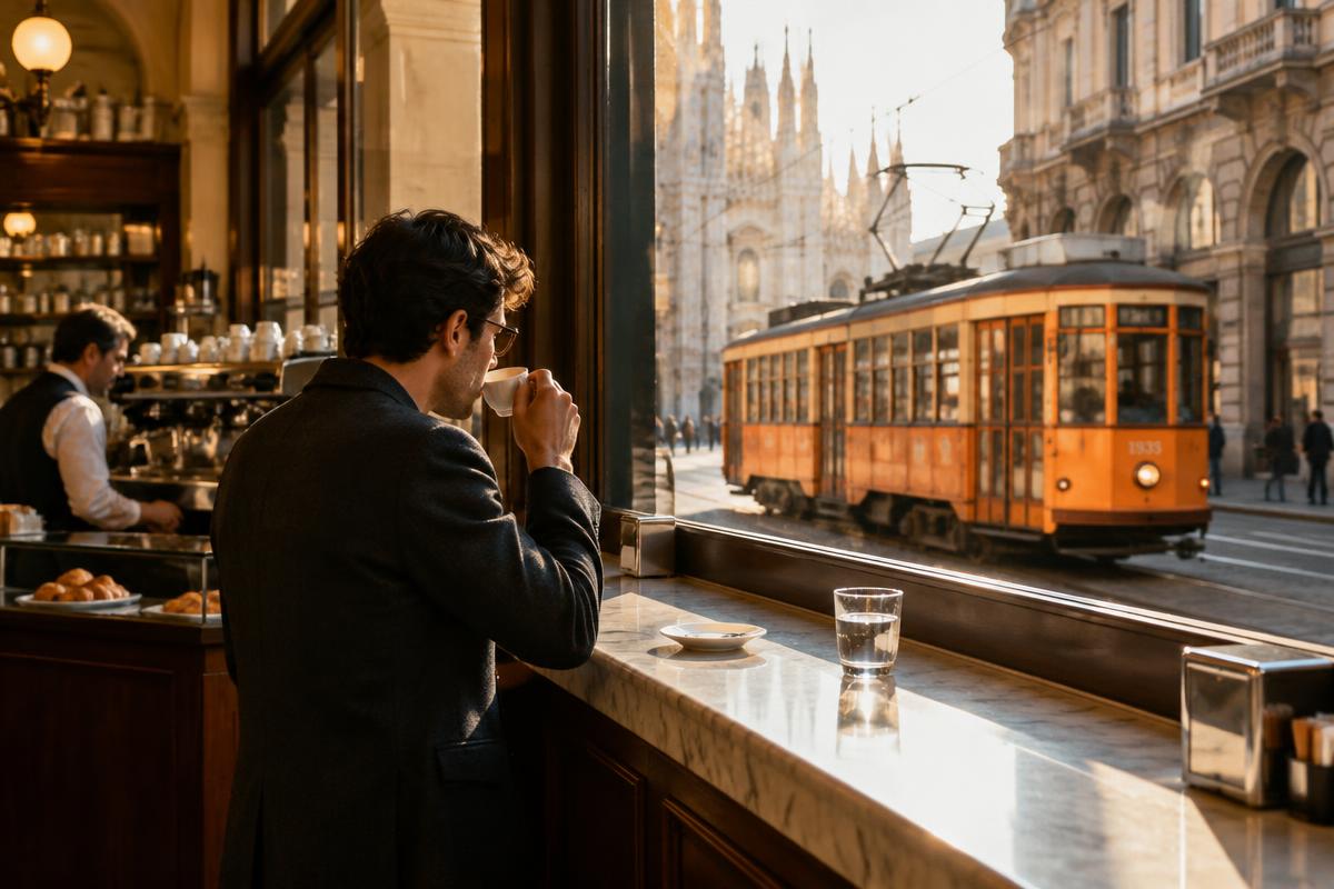 Espresso al banco e tram storico (immagine illustrativa)